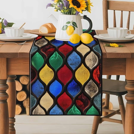 Burlap Table Runner 36 Inches Long, Colorful Morocco Modern Geometric Non-Slip Kitchen Table Runners for Dining Room Everyday Use Party Table Decorations Abstract Art