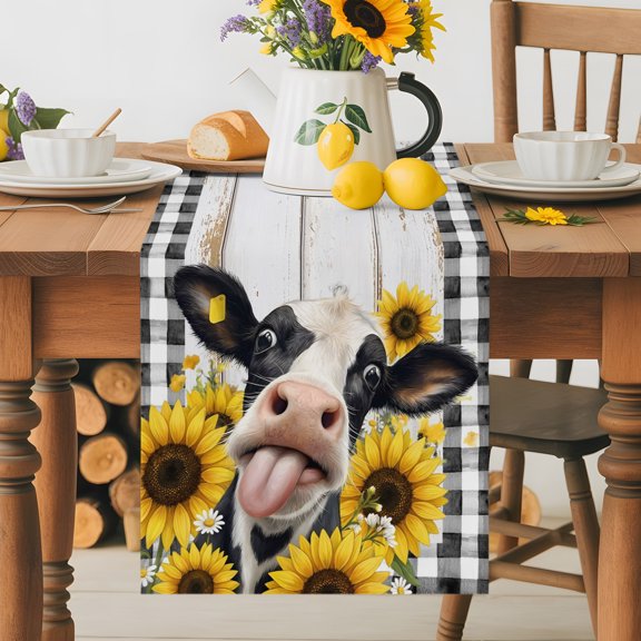 Burlap Table Runner 36 Inches Long, Country Abstract Cow Buffalo Check Non-Slip Kitchen Table Runners for Dining Room Everyday Use Party Table Decorations Farmhouse Flower Wood Board