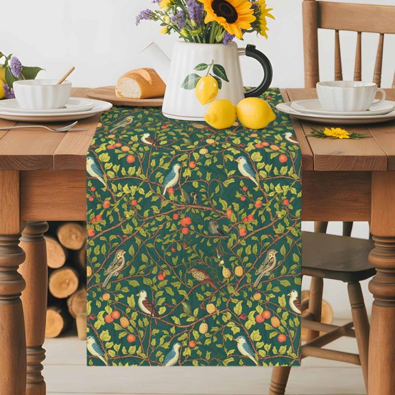 Burlap Table Runner 36 Inches Long, Country Bird Tree Branch Non-Slip Kitchen Table Runners for Dining Room Everyday Use Party Table Decorations Farmhouse Leaf Botanical on Green