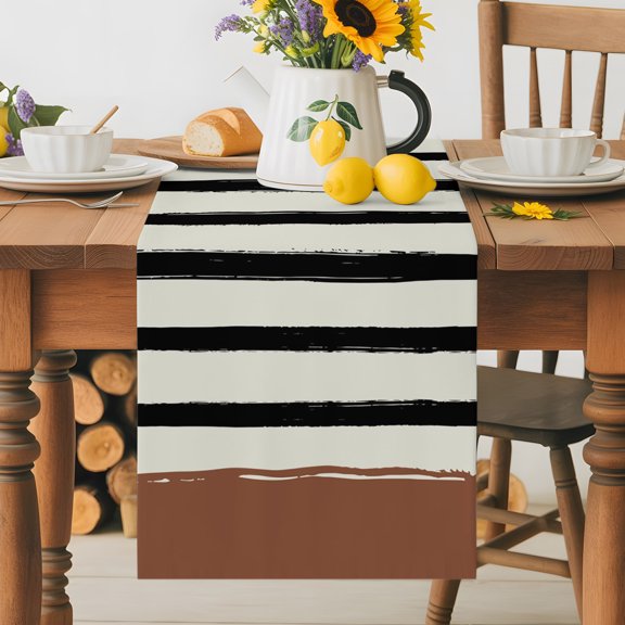 Burlap Table Runner 36 Inches Long, Country Black Stripe Brown Block Non-Slip Kitchen Table Runners for Dining Room Everyday Use Party Table Decorations Vintage Minimalist Style