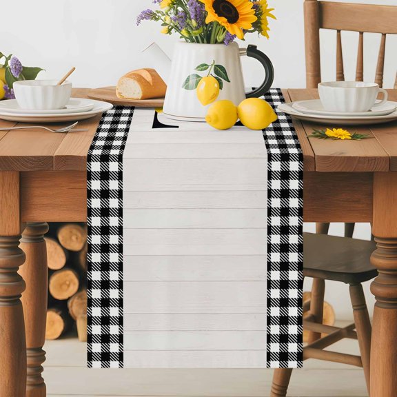 Burlap Table Runner 36 Inches Long, Country Home Text Buffalo Plaid Non-Slip Kitchen Table Runners for Dining Room Everyday Use Party Table Decorations Summer Lemon Wood Board