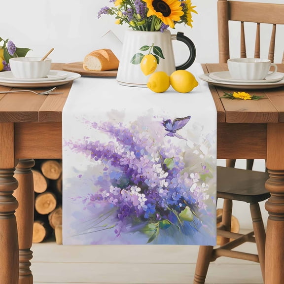 Burlap Table Runner 36 Inches Long,Country Lavender Butterfly Purple Gradient Non-Slip Kitchen Table Runners for Dining Room Everyday Use Party Table Decorations Vintage Oil Painting Art