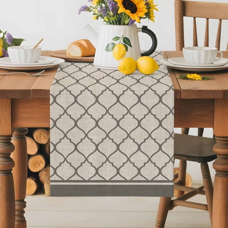 Burlap Table Runner 36 Inches Long,Country Morocco Tile Geometric Pattern Non-Slip Kitchen Table Runners for Dining Room Everyday Use Party Table Decorations Vintage Brown Gray