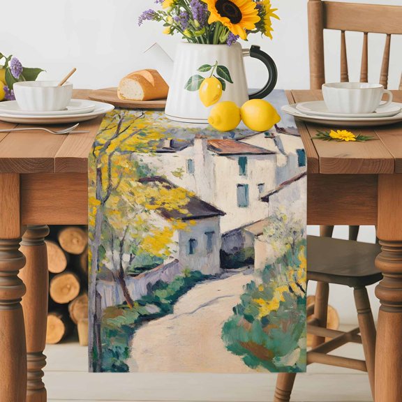 Burlap Table Runner 36 Inches Long, Country Road Mediterranean Villas Non-Slip Kitchen Table Runners for Dining Room Everyday Use Party Table Decorations Cypress Trees