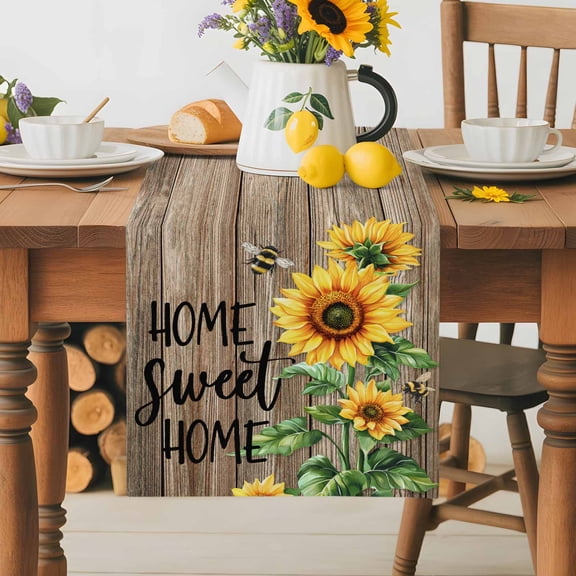 Burlap Table Runner 36 Inches Long,Country Sunflower Bee Green Leaves Non-Slip Kitchen Table Runners for Dining Room Everyday Use Party Table Decorations Farm Retro Wood Board