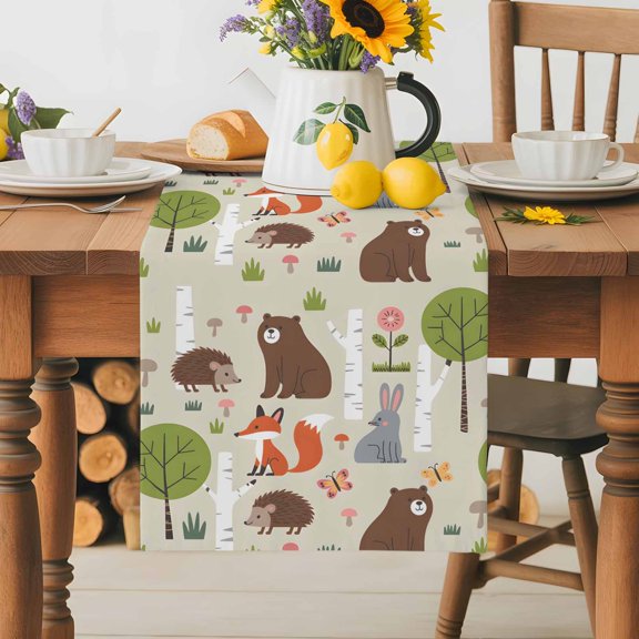 Burlap Table Runner 36 Inches Long, Cute Bear Hedgehog Fox Non-Slip Kitchen Table Runners for Dining Room Everyday Use Party Table Decorations Cartoon Tree Wild Flower