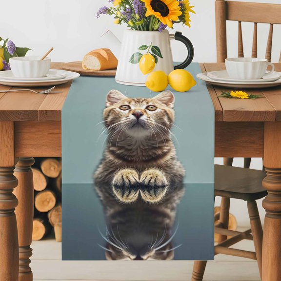 Burlap Table Runner 36 Inches Long, Cute Brown Cat on Blue Non-Slip Kitchen Table Runners for Dining Room Everyday Use Party Table Decorations Animal Focus