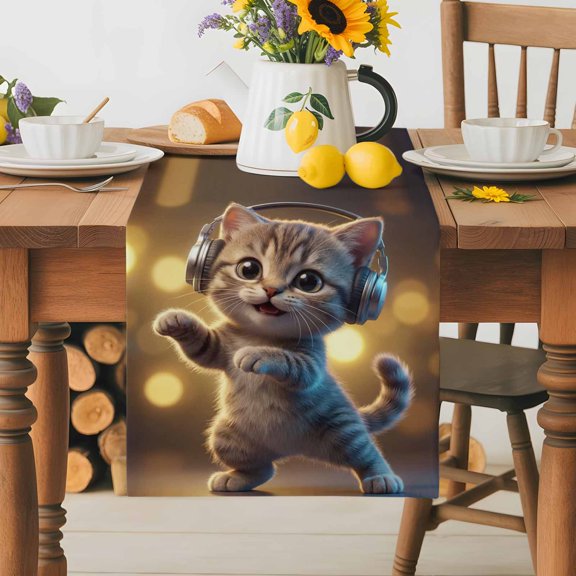 Burlap Table Runner 36 Inches Long, Cute Cat with Headphones Non-Slip Kitchen Table Runners for Dining Room Everyday Use Party Table Decorations Abstract Funny Animal Art