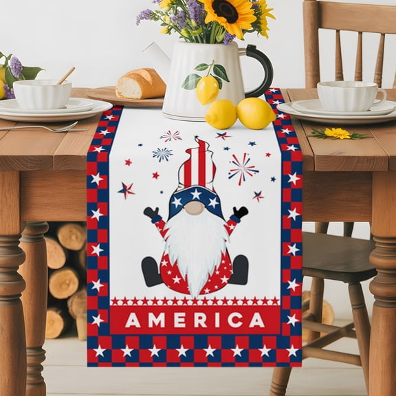 Burlap Table Runner 36 Inches Long, Cute Dwarfs with Fireworks Non-Slip Kitchen Table Runners for Dining Room Everyday Use Party Table Decorations US Independence Day Lattice
