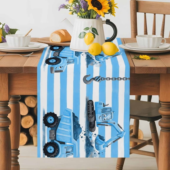 Burlap Table Runner 36 Inches Long, Cute Ground Truck Excavator Non-Slip Kitchen Table Runners for Dining Room Everyday Use Party Table Decorations Blue White Striped