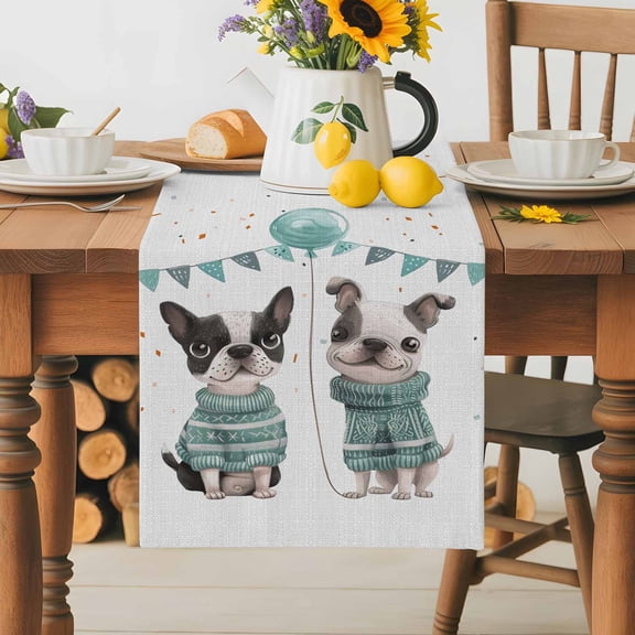 Burlap Table Runner 36 Inches Long,Cute Pet French Bulldog with Sweater Non-Slip Kitchen Table Runners for Dining Room Everyday Use Party Table Decorations Flag Balloon Celebration