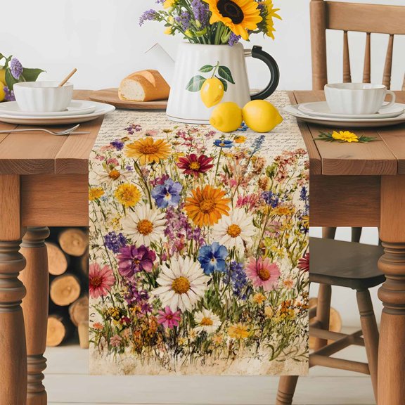 Burlap Table Runner 36 Inches Long, Daisy Summer Blossom Wildflower Non-Slip Kitchen Table Runners for Dining Room Everyday Use Party Table Decorations Vintage Old Newspaper