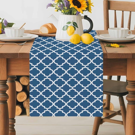 Burlap Table Runner 36 Inches Long, Dark Blue Moroccan Country Plaid Non-Slip Kitchen Table Runners for Dining Room Everyday Use Party Table Decorations White Line