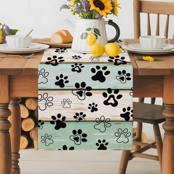 Burlap Table Runner 36 Inches Long, Dog Paw Farm Wood Board Non-Slip Kitchen Table Runners for Dining Room Everyday Use Party Table Decorations Funny Pet Footprint