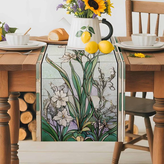 Burlap Table Runner 36 Inches Long, Dragonfly Spring Flower Green Leaves Non-Slip Kitchen Table Runners for Dining Room Everyday Use Party Table Decorations Vintage Farmhouse Plant