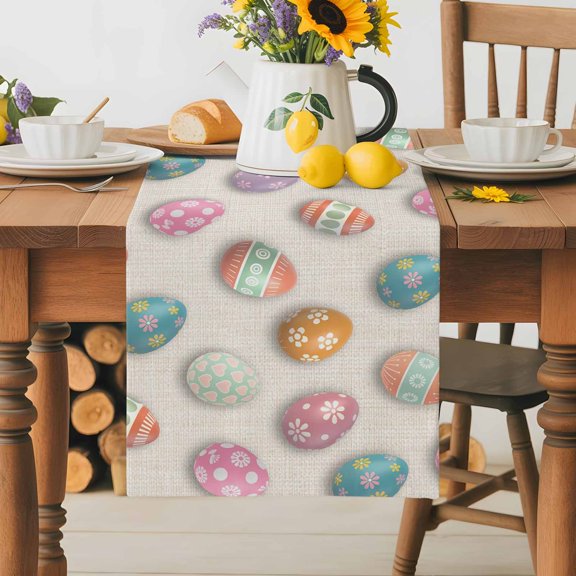 Burlap Table Runner 36 Inches Long,Easter Colorful Egg Non-Slip Kitchen Table Runners for Dining Room Everyday Use Party Table Decorations Seamless Spring Eggs on Retro Linen