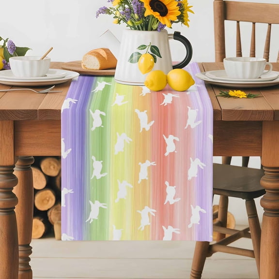 Burlap Table Runner 36 Inches Long, Easter Rabbit Silhouette Non-Slip Kitchen Table Runners for Dining Room Everyday Use Party Table Decorations Seamless Bunny Rainbow Graffiti