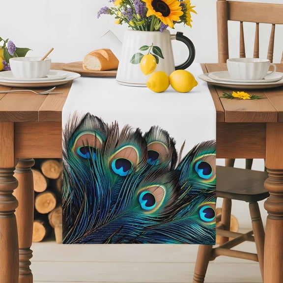 Burlap Table Runner 36 Inches Long, Elegant Peacock Tail Feathers Non-Slip Kitchen Table Runners for Dining Room Everyday Use Party Table Decorations Vintage Blue Black Eye
