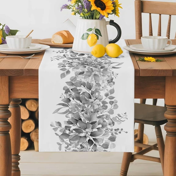 Burlap Table Runner 36 Inches Long, Eucalyptus Leaves Gray Leaf on White Non-Slip Kitchen Table Runners for Dining Room Everyday Use Party Table Decorations Summer Watercolor Botanical