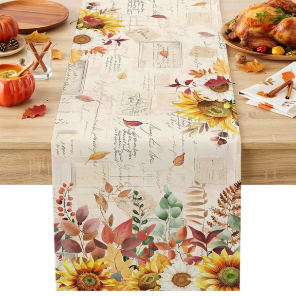Burlap Table Runner 36 Inches Long, Fall Foliage Rustic Golden Sunflower Non-Slip Kitchen Table Runners for Dining Room Everyday Use Party Table Decorations Retro Letter Background