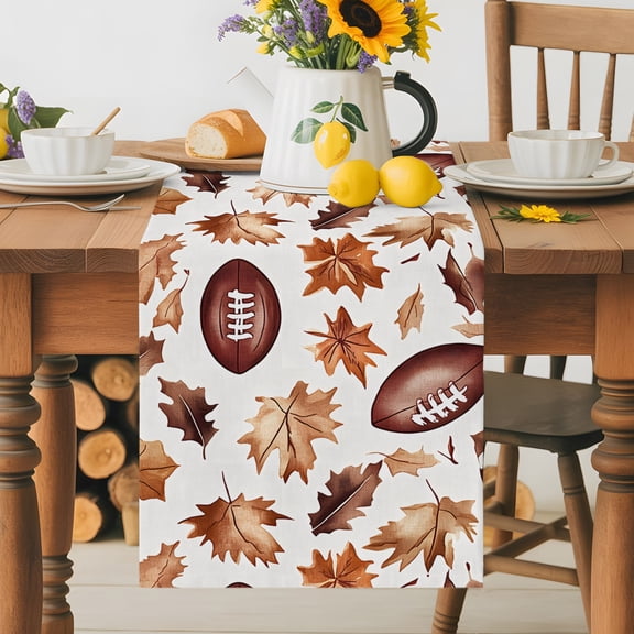 Burlap Table Runner 36 Inches Long, Fall Maple Leaf Rugby Non-Slip Kitchen Table Runners for Dining Room Everyday Use Party Table Decorations Rustic Leaves American Brown Football