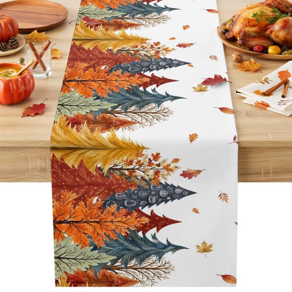 Burlap Table Runner 36 Inches Long, Fall Thanksgiving Pine Tree Non-Slip Kitchen Table Runners for Dining Room Everyday Use Party Table Decorations Forest Maple Leaves