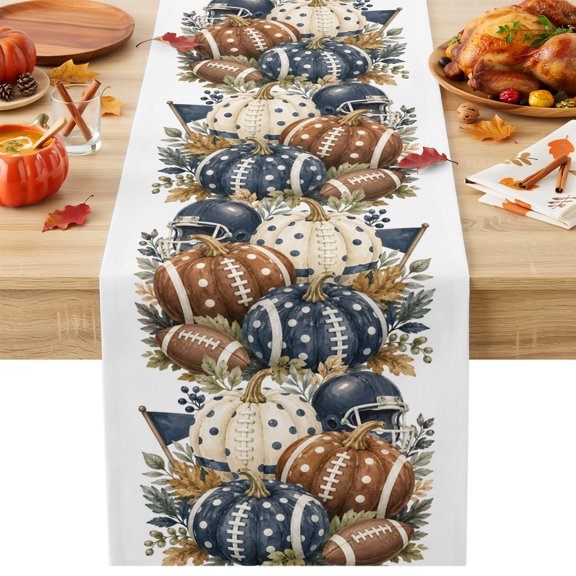 Burlap Table Runner 36 Inches Long, Fall Thanksgiving Pumpkin Football Non-Slip Kitchen Table Runners for Dining Room Everyday Use Party Table Decorations Maple Leaves Helmets