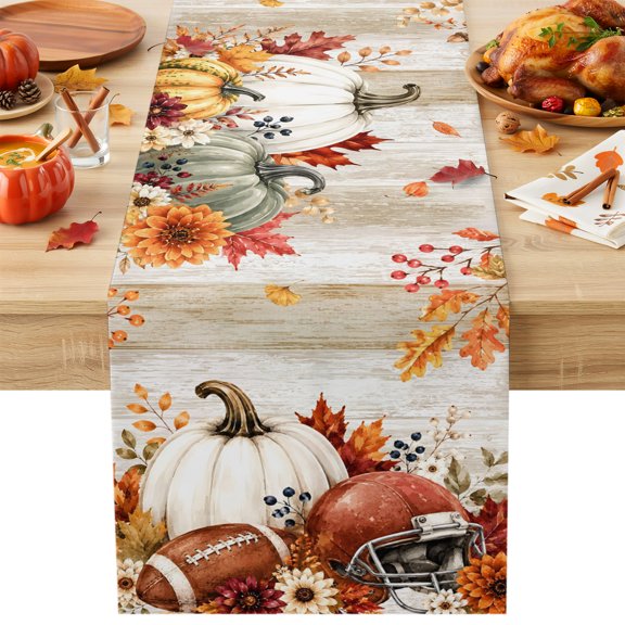 Burlap Table Runner 36 Inches Long, Fall Thanksgiving Pumpkin Football Non-Slip Kitchen Table Runners for Dining Room Everyday Use Party Table Decorations Maple Leaf Flower