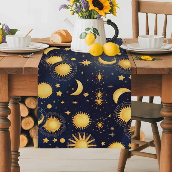 Burlap Table Runner 36 Inches Long,Fantasy Galaxy Moon Sun Non-Slip Kitchen Table Runners for Dining Room Everyday Use Party Table Decorations Cartoon Starry Night