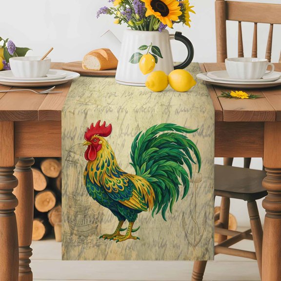 Burlap Table Runner 36 Inches Long, Farm Abstract Chicken Green Feathers Non-Slip Kitchen Table Runners for Dining Room Everyday Use Party Table Decorations Retro Nautical