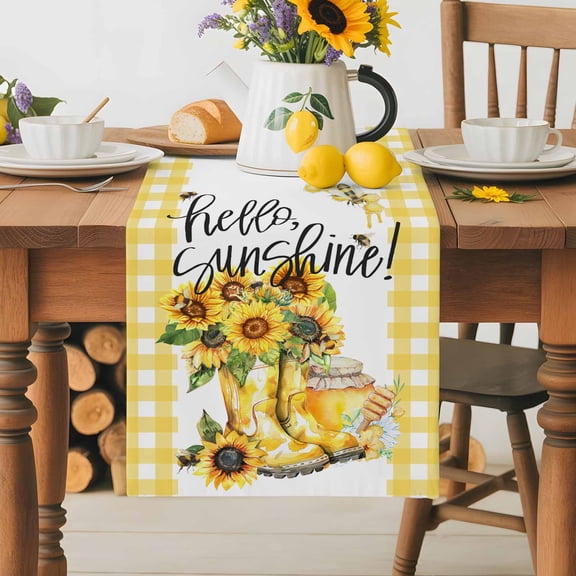 Burlap Table Runner 36 Inches Long,Farm Boot Blossom Sunflower Bee Non-Slip Kitchen Table Runners for Dining Room Everyday Use Party Table Decorations Honey Floral Yellow Checker