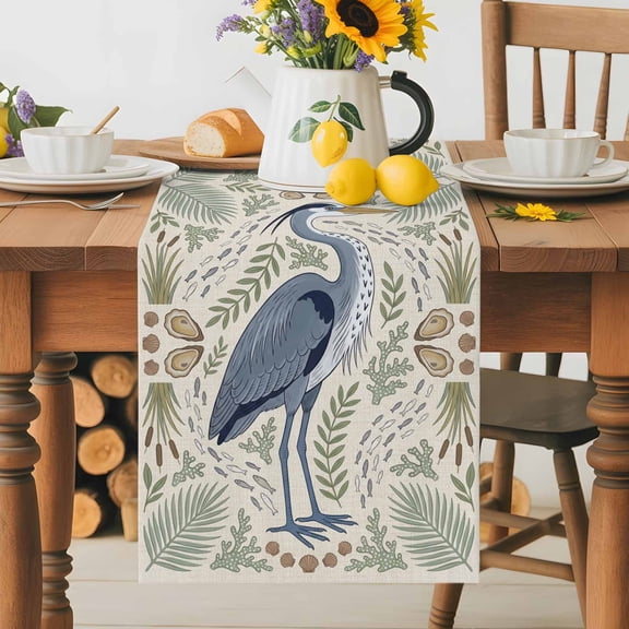 Burlap Table Runner 36 Inches Long, Farm Cartoon Heron Coral Leaf Non-Slip Kitchen Table Runners for Dining Room Everyday Use Party Table Decorations Ocean Fish Oyster Shell on Beige