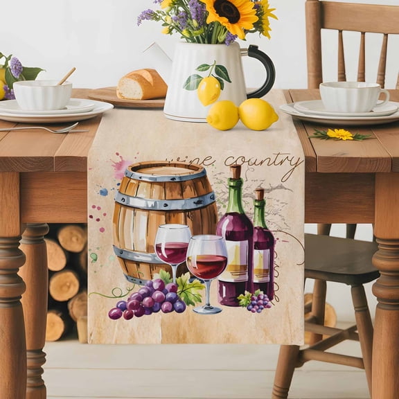 Burlap Table Runner 36 Inches Long,Farm Grape Wine Barrel Non-Slip Kitchen Table Runners for Dining Room Everyday Use Party Table Decorations Country Farmhouse