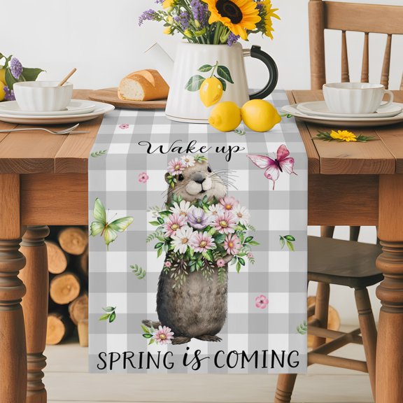 Burlap Table Runner 36 Inches Long, Farm Groundhog Butterfly Non-Slip Kitchen Table Runners for Dining Room Everyday Use Party Table Decorations Wake up Spring Is Coming