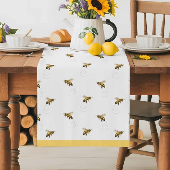 Burlap Table Runner 36 Inches Long,Farm Honey Bee Swirling Yellow Non-Slip Kitchen Table Runners for Dining Room Everyday Use Party Table Decorations Rustic Seamless Insects