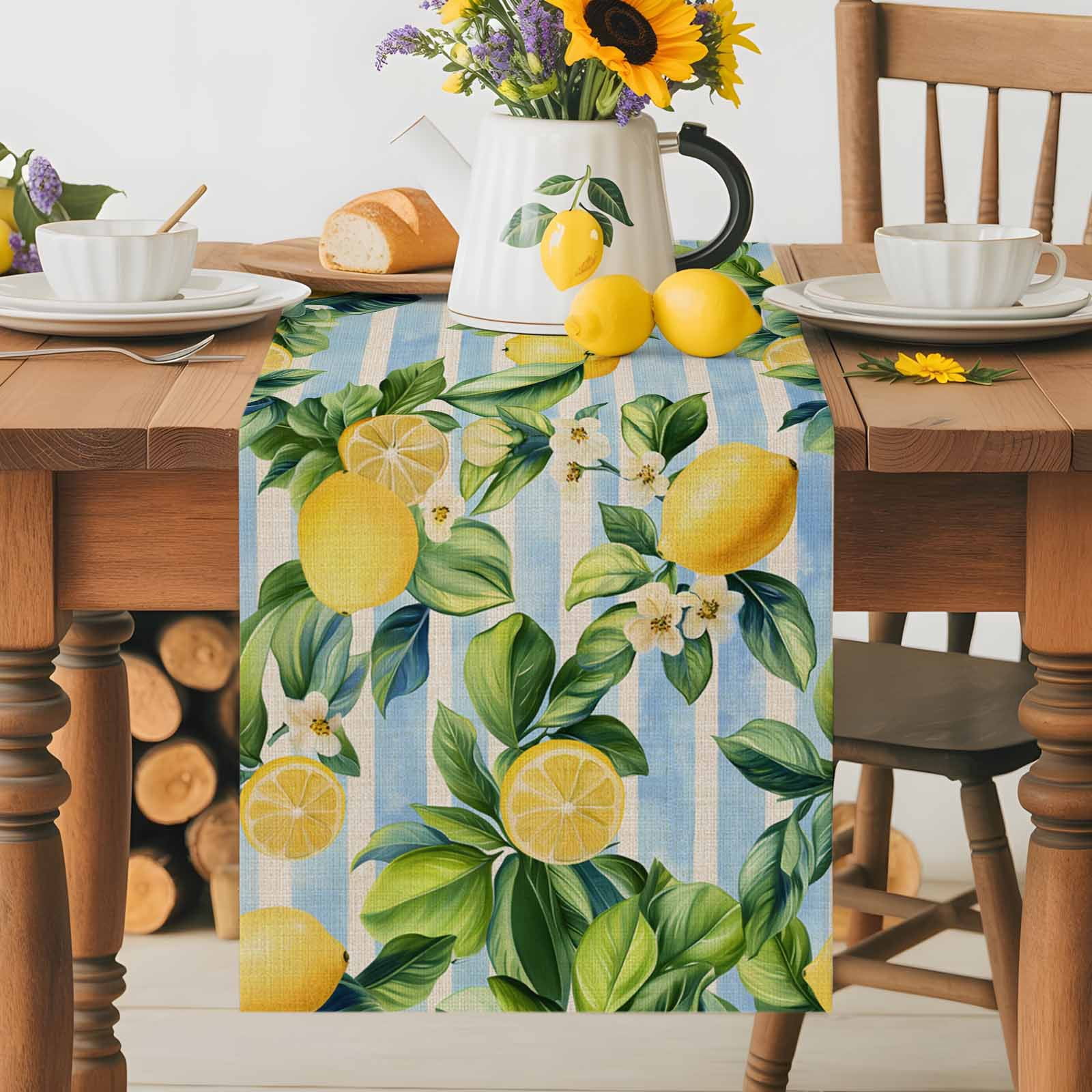 Burlap Table Runner 36 Inches Long, Farm Lemon Green Leaves Watercolor ...