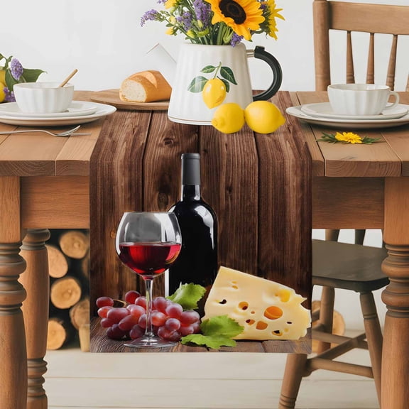 Burlap Table Runner 36 Inches Long, Farm Red Wine Grape Vintage Wood Board Non-Slip Kitchen Table Runners for Dining Room Everyday Use Party Table Decorations Cheese Fruit Wine Glass