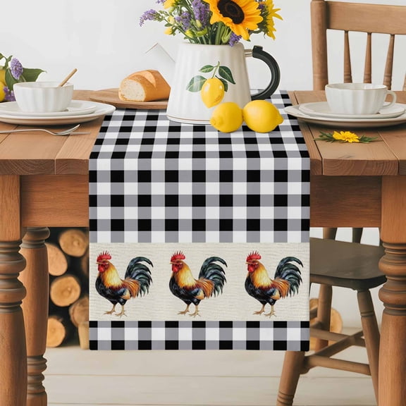 Burlap Table Runner 36 Inches Long,Farm Rooster Black Buffalo Plaid Non-Slip Kitchen Table Runners for Dining Room Everyday Use Party Table Decorations Watercolor Animal Chicken