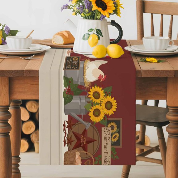 Burlap Table Runner 36 Inches Long, Farm Sunflower Chicken Egg Non-Slip Kitchen Table Runners for Dining Room Everyday Use Party Table Decorations Vintage Western Star on Red
