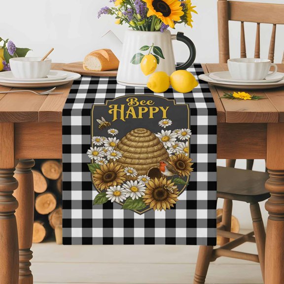 Burlap Table Runner 36 Inches Long,Farm Sunflower Daisy Black White Buffalo Non-Slip Kitchen Table Runners for Dining Room Everyday Use Party Table Decorations Rustic Bee Honeycomb