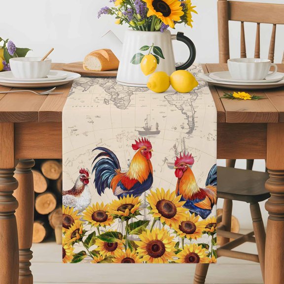 Burlap Table Runner 36 Inches Long, Farm Sunflower Rooster Non-Slip Kitchen Table Runners for Dining Room Everyday Use Party Table Decorations Retro World Map
