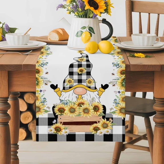 Burlap Table Runner 36 Inches Long, Farm Sunflowers Gnome Non-Slip Kitchen Table Runners for Dining Room Everyday Use Party Table Decorations Country Black White Plaid