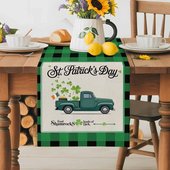 Burlap Table Runner 36 Inches Long,Farm Truck St. Patrick's Day Green Clovers Non-Slip Kitchen Table Runners for Dining Room Everyday Use Party Table Decorations Gold Coin Black Grid