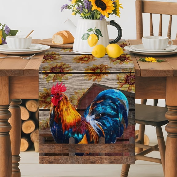 Burlap Table Runner 36 Inches Long, Farm Watercolor Chicken Sunflowers Non-Slip Kitchen Table Runners for Dining Room Everyday Use Party Table Decorations Retro Wood Board