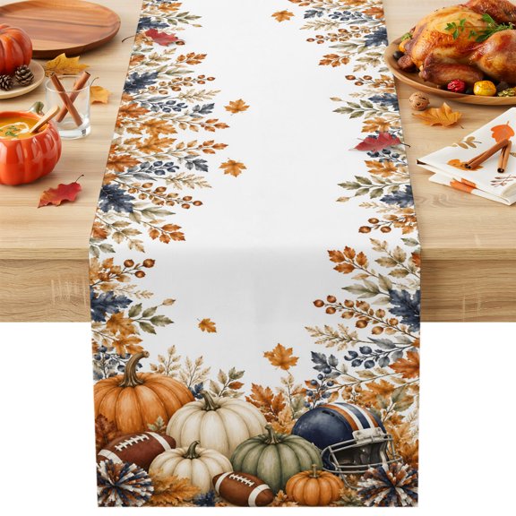 Burlap Table Runner 36 Inches Long, Farm Watercolor Pumpkin Football Non-Slip Kitchen Table Runners for Dining Room Everyday Use Party Table Decorations Thanksgiving Fall Maple Leaf