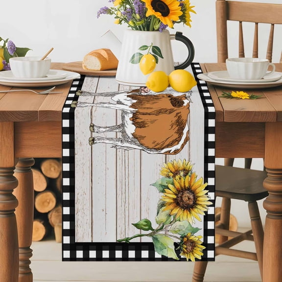 Burlap Table Runner 36 Inches Long, Farmhouse Animal Barn Chicken Pig Cow Non-Slip Kitchen Table Runners for Dining Room Everyday Use Party Table Decorations Retro Wood Grain Farm Scene
