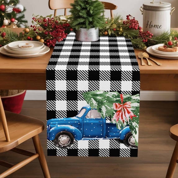 Burlap Table Runner 36 Inches Long,Farmhouse Blue Truck Non-Slip Kitchen Table Runners for Dining Room Everyday Use Party Table Decorations Christmas Tree Black White Buffalo Plaid