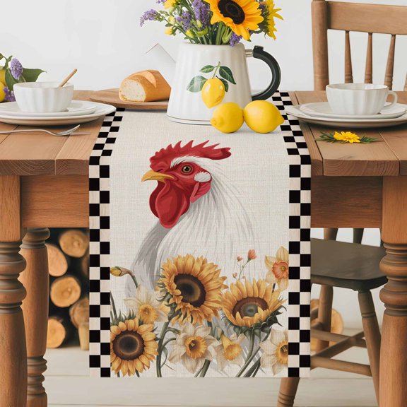 Burlap Table Runner 36 Inches Long, Farmhouse Chicken Sunflower Non-Slip Kitchen Table Runners for Dining Room Everyday Use Party Table Decorations Retro Buffalo Plaid Farm Cock