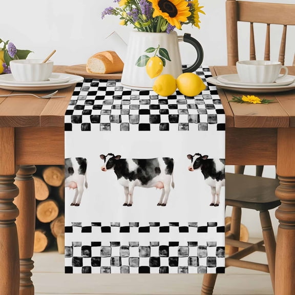 Burlap Table Runner 36 Inches Long, Farmhouse Cow Animal Non-Slip Kitchen Table Runners for Dining Room Everyday Use Party Table Decorations Black White Buffalo Plaid