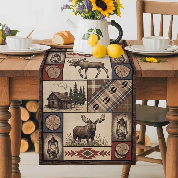 Burlap Table Runner 36 Inches Long, Farmhouse Elk Retro Southwest Non-Slip Kitchen Table Runners for Dining Room Everyday Use Party Table Decorations Abstract Ethnic Geometric